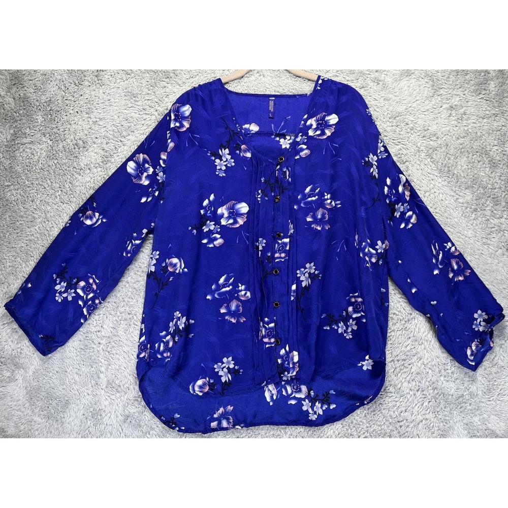 Yumi Kim Womens L 100% Silk Blouse Blue Pink Floral V Neck Long Sleeve Pleated